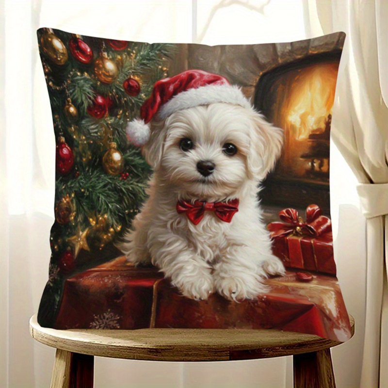 TEMU 1pc Taie d'oreiller de Noël Mignonne Chiot Maltais 45,72x45,72cm - Tissu en Peluche Courte en Doux et Lisse, Motif Imprimé sur un Côté, Insert