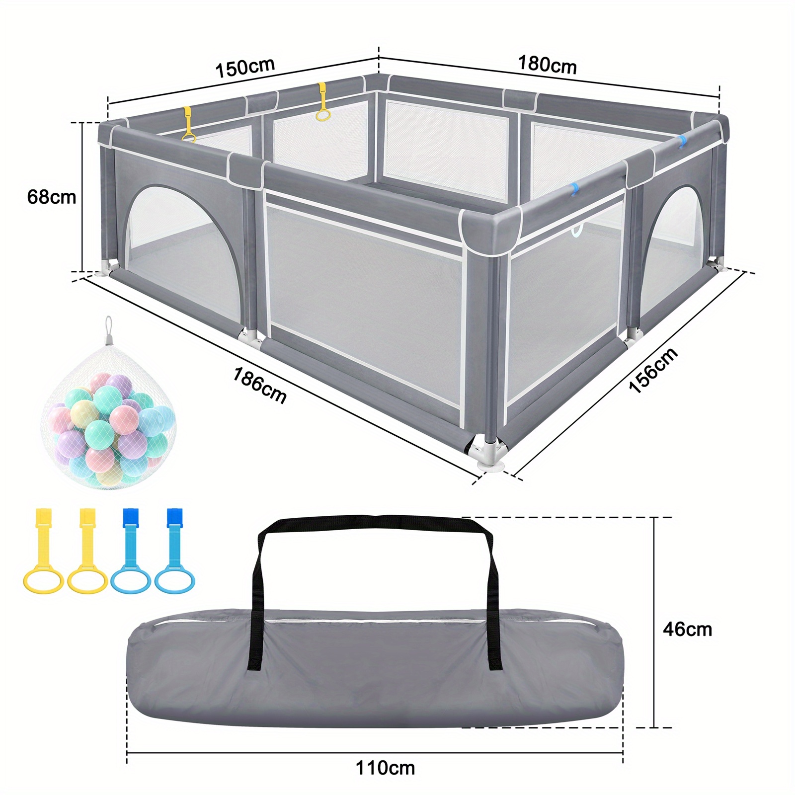 Children's Fence Playpen Solid Color Children's Activity Fence With Crawling Gate, And Pull Ring Dark Gray/light Gray 3 Sizes With Storage Bag