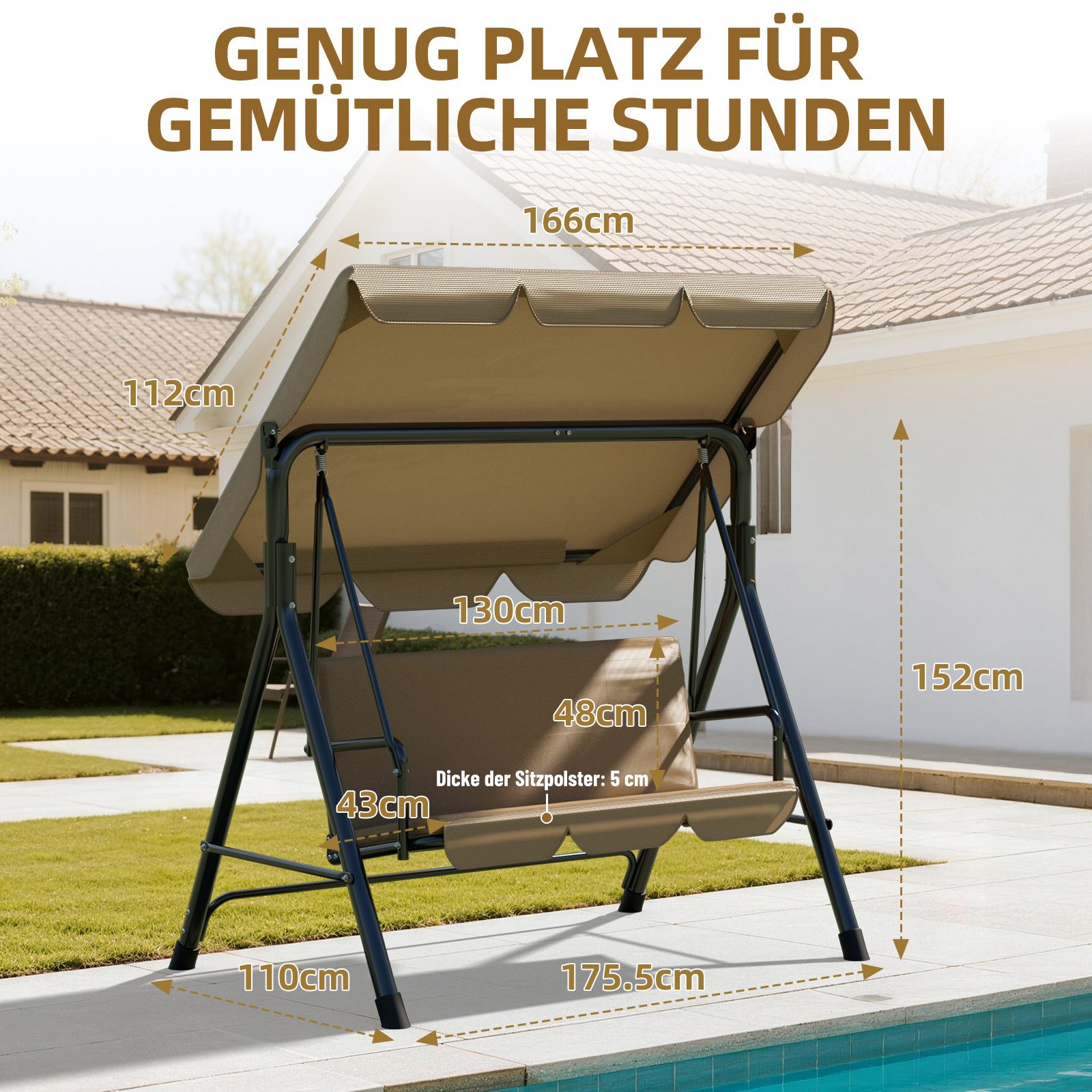 ezmbl 3 seater garden swing with padded bench and sun canopy in steel and polyester