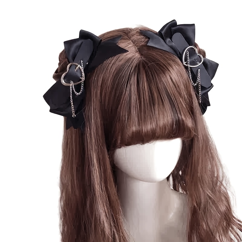 TEMU 2 Pinces à Cheveux Lolita Noires avec Nœud et Fermoir de Cœur en PU Style Noir, Épingles à Cheveux , Style Punk Cool et Tendance JK Gothique,
