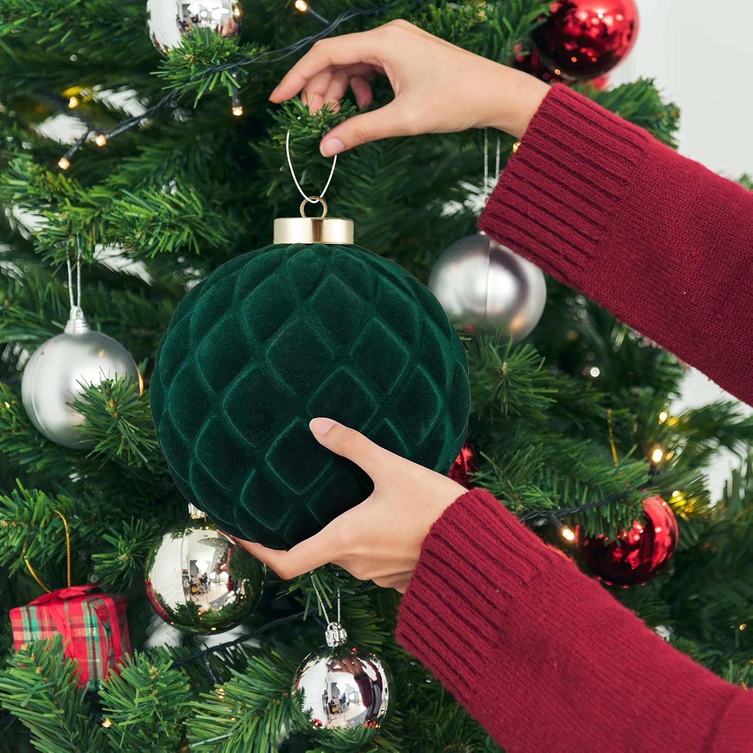 TEMU Grandes Boules de Noël Inébrisables Vert Foncé Floquées - 5,9 Pouces Surdimensionnées de Luxe Adaptées à la Décoration de Maison, Mariage, Sapin