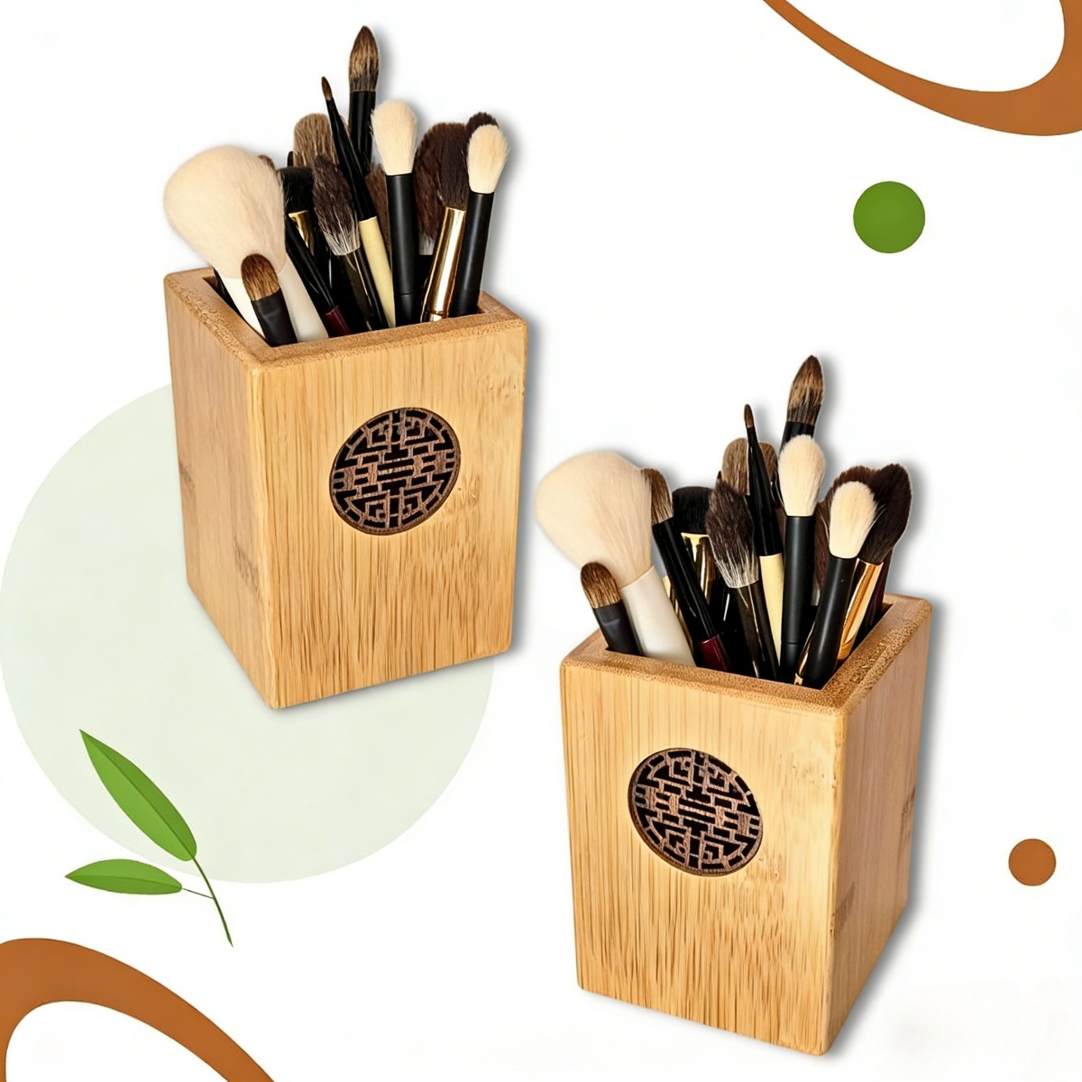 2pcs -up Brush Holder & Pen Cup - Sturdy Suitable For Office Desk, Bathroom Shelf, Vanity With Brush Storage, Wood For Brushes, Pens, Cosmetic Accessories (no Revision)