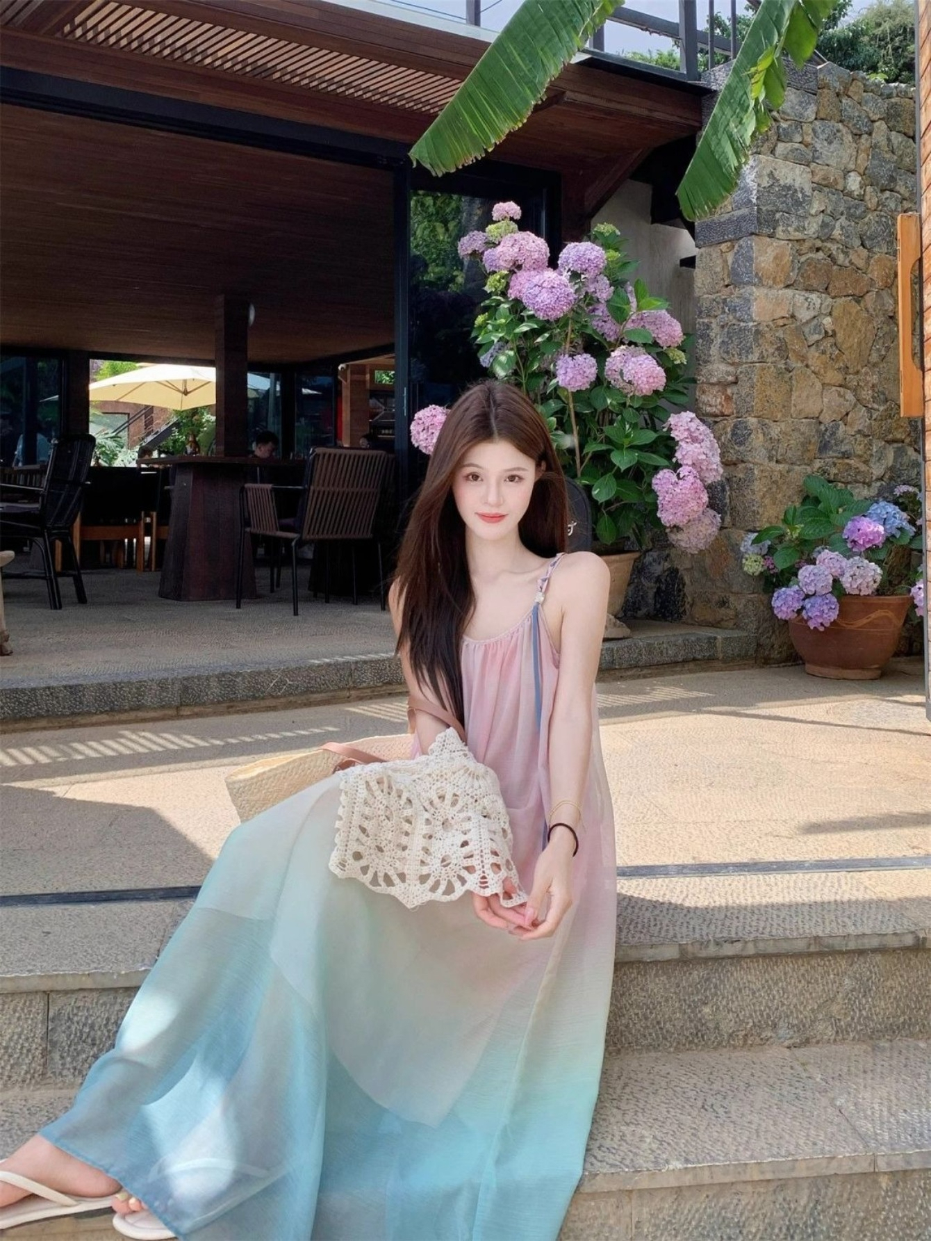 elegant korean style gradient beach dress sleeveless long - Temu Oman