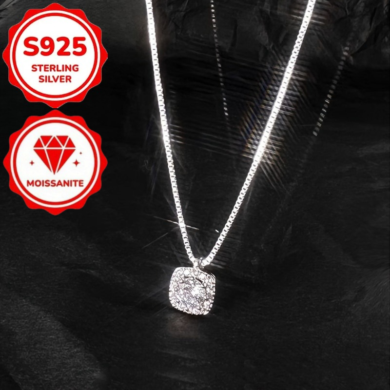 TEMU Collier carré argenté S925 en moissanite brillante, et élégant, parfait pour les banquets ou les fêtes, idéal comme cadeau, hypoallergénique,