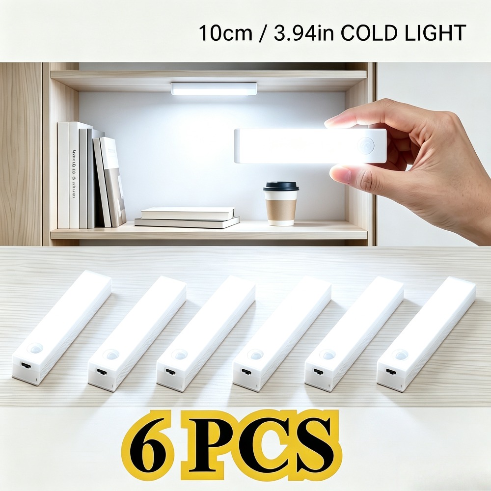 6pcs Led Motion Sensor Cabinet Light, Wireless Magnetic Under Cabinet Lamp, Usb Rechargeable, Punch-free Install, Dimmable, Cool White & Warm White Selectable, Closet Wardrobe Kitchen Night Light