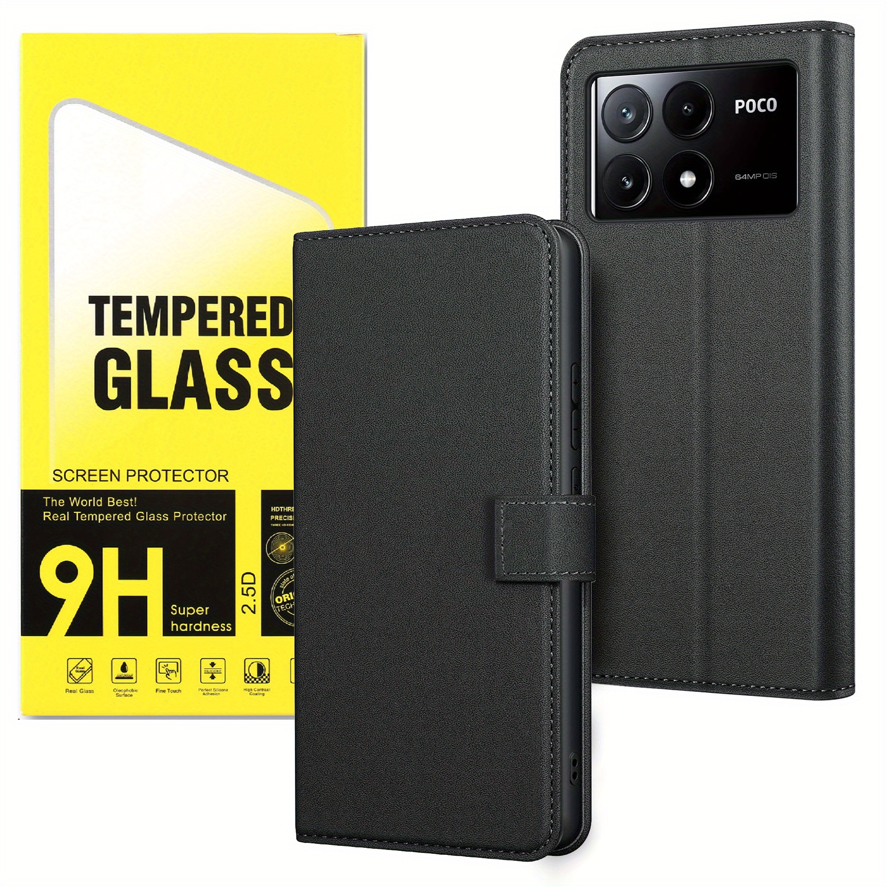 TEMU Phone Case: For Xiaomi Poco X6 Pro 5g With 2pcs Tempered Glass Screen Protector, Kickstand Pu Leather Card Slot Flip Protective Phone Case Cover