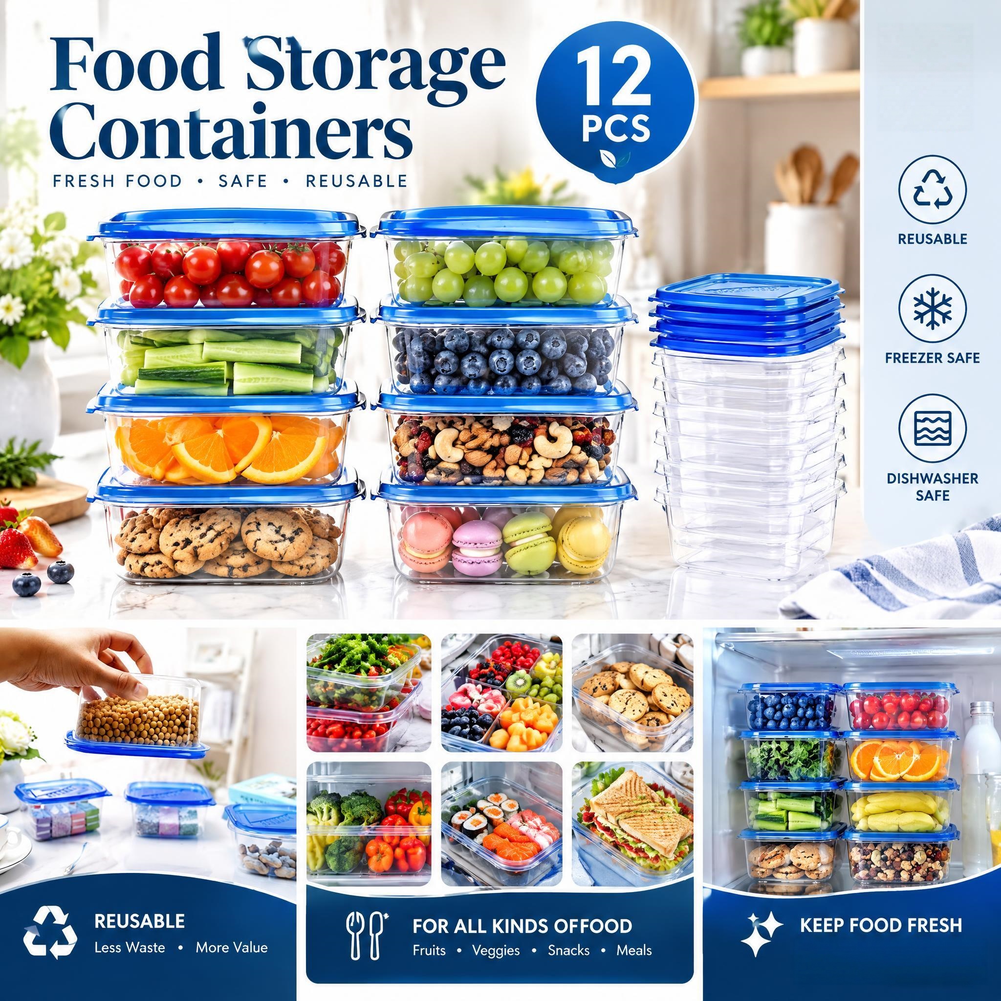 TEMU 12-pack (6 Boxes And 6 Lids) Clear Food Storage Containers With Lids, Stackable Reusable Lunch Boxes, Durable Storage Boxes For Grains, Meat,