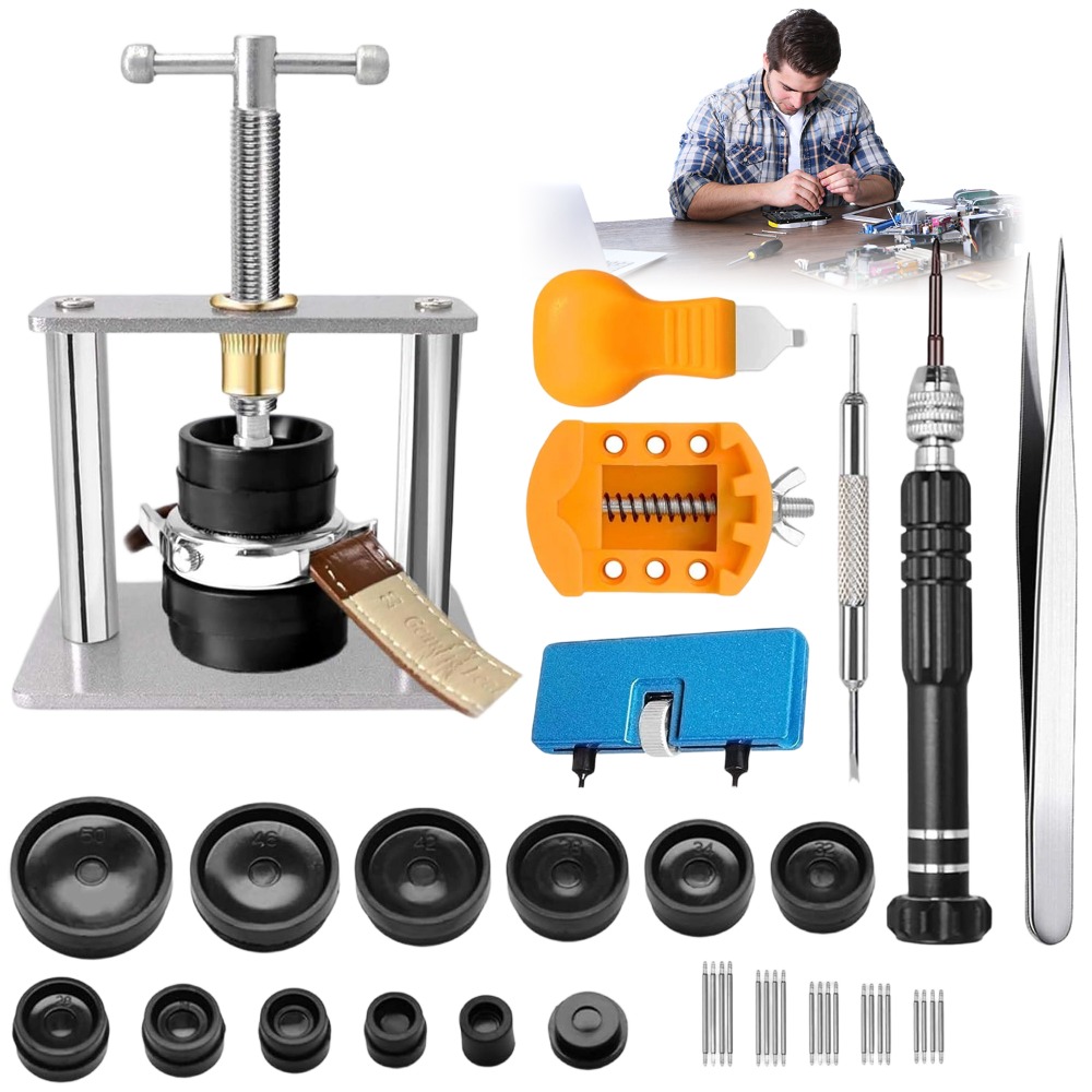 Set Of Tools For Watch Repair, Including A Case Press, 20 Spring Bars For Battery Replacement, And A Screwdriver And Tweezers For Watchmakers