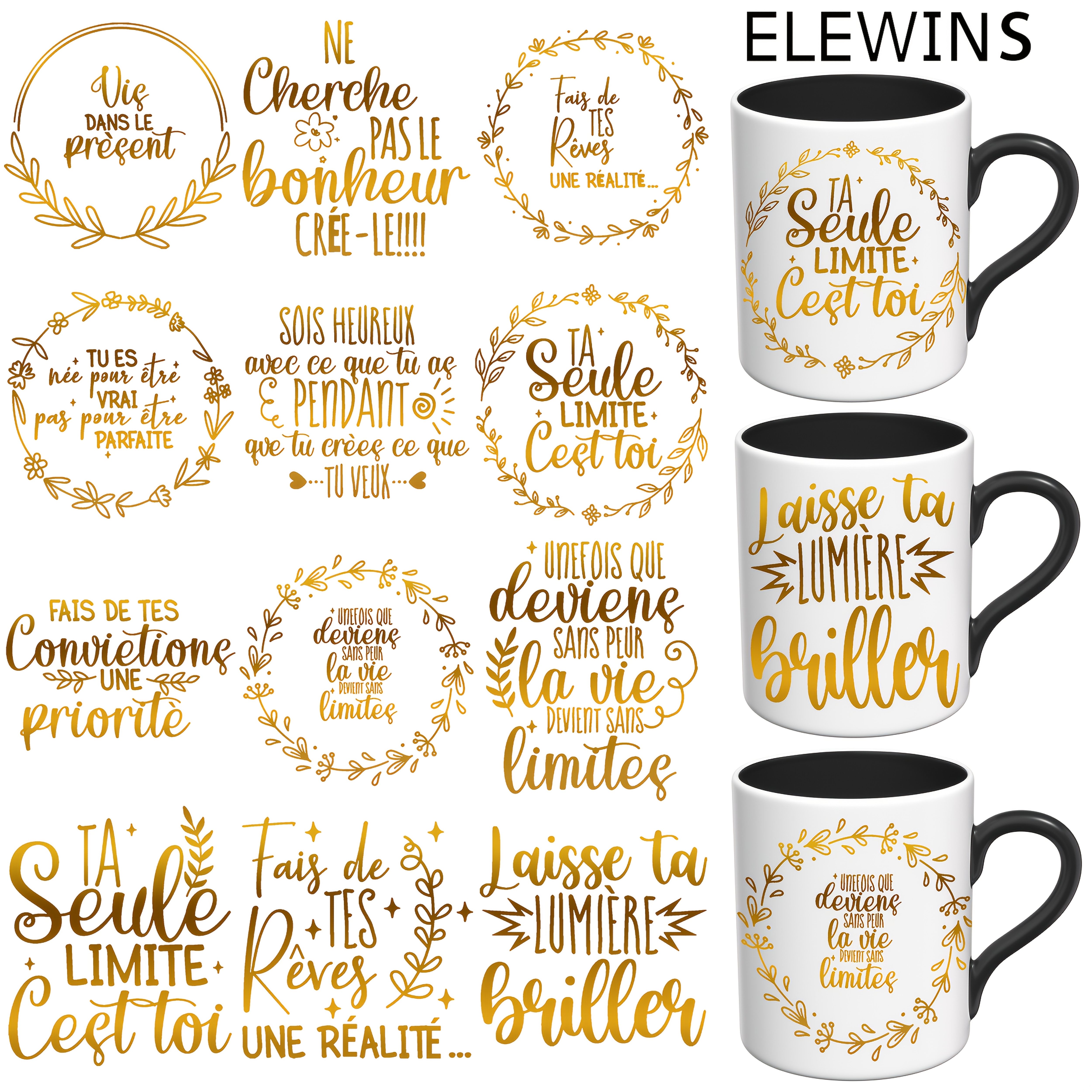 TEMU Papier de transfert autocollant UV DTF Proverbes Français, 12 paquets, Papier de transfert décoratif pour tasses, mugs, bouteilles, fournitures