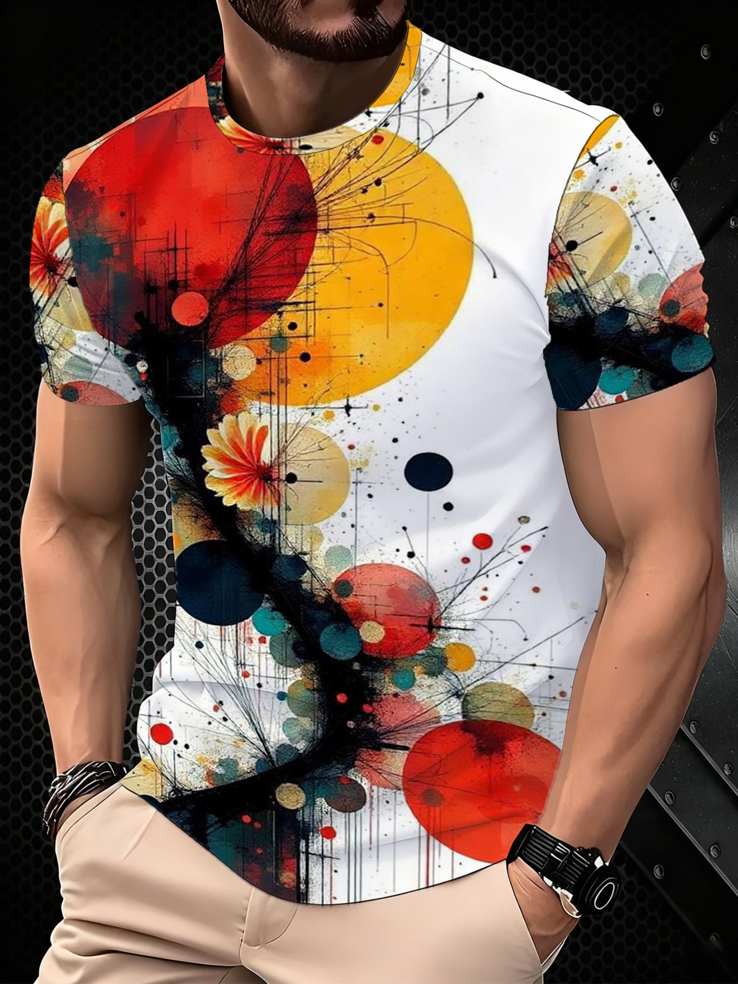 Men's Printed Short-Sleeve T-Shirt- Comfortable Artistic Circular Floral Design, Trendy And Versatile, Suitable for Gyms, Outdoor Activities, Travel Parties And Gatherings, Essential for Sports Enthusiasts, Thoughtful Gift for Family And Boyfriend