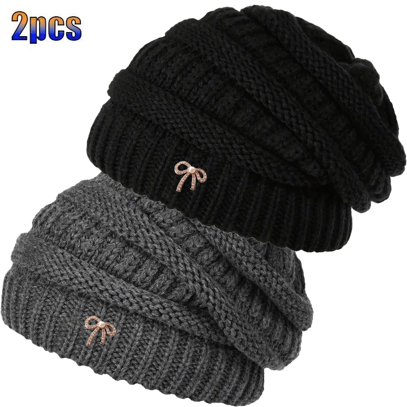 TEMU 2pcs Women's Autumn And Winter Slouchy Beanie Hats, Men's Soft Warm Hat Set For Daily Outdoor Wear, Black And White