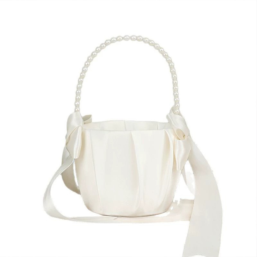 TEMU Custom Elegant White Satin Big Bow Pearl Handle Basket, Durable Rounded Scattering Basket With Satin Ribbon And Pearl Embellishments, Suitable