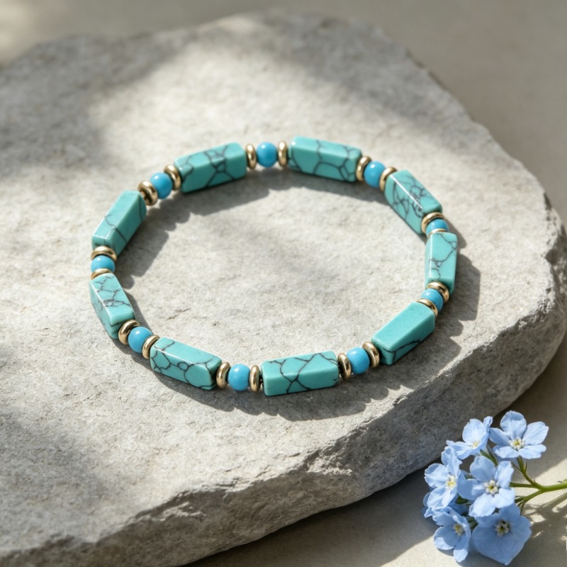 Natural Turquoise Rectangular Elastic Bead Bracelet