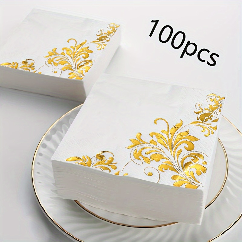Image of 100pcs 9.84inch Golden Vine Napkins, Suitable For Wedding Banquets - Elegant Party Decoration Disposable Napkins For Halloween、christmas