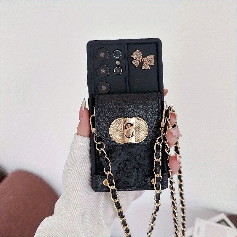 TEMU Phone Case - Fashionable And Elegant Patterned Card Holder Crossbody Chain Phone Case For Galaxy S21 S22 S23 S24 S25 Fe A13 A14 A15 A16 A24 A25