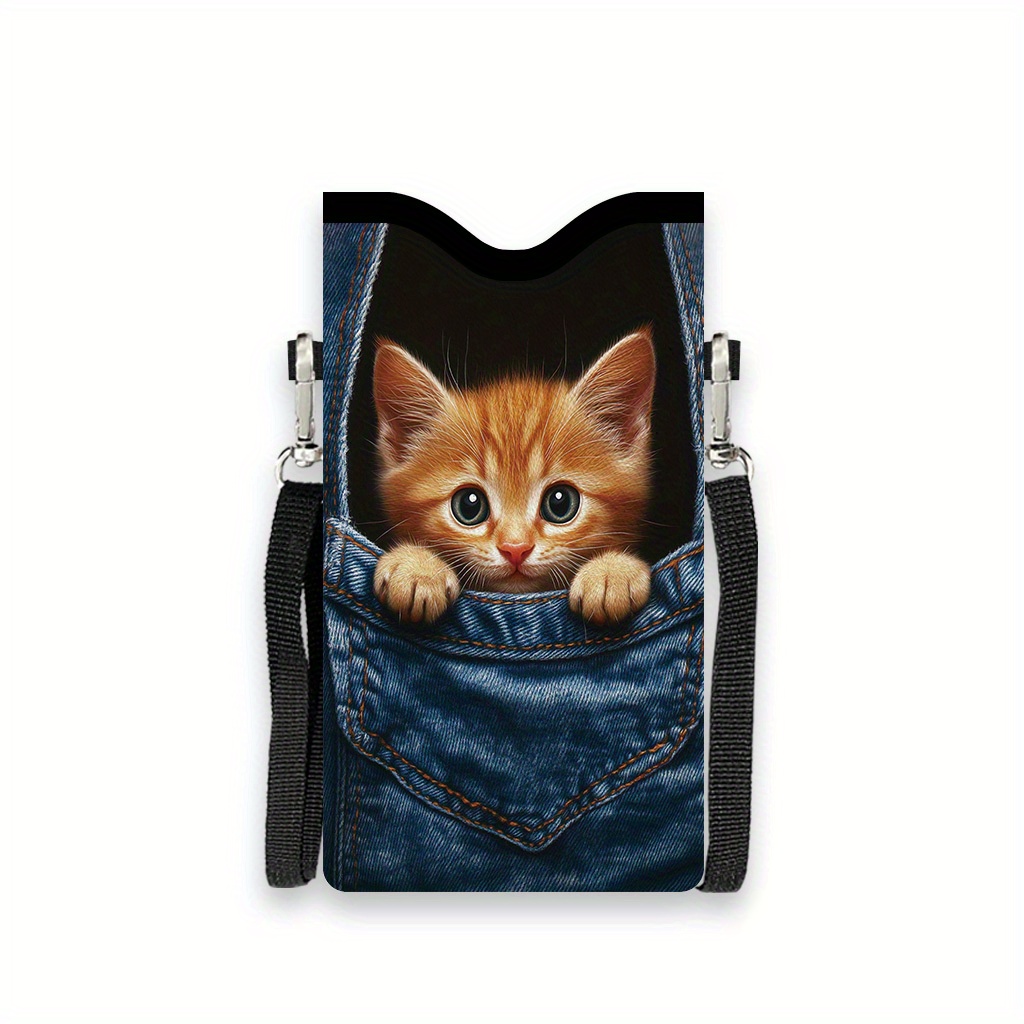 Image of ] 1pc Kitten, Pocket, Pattern 2d Flat Double-sided Printing Fashion Women's Wallet Phone Bag Faux Leather Crossbody Bag Adjustable Shoulder Strap Suitable For Daily Unisex Mother's Day Gift