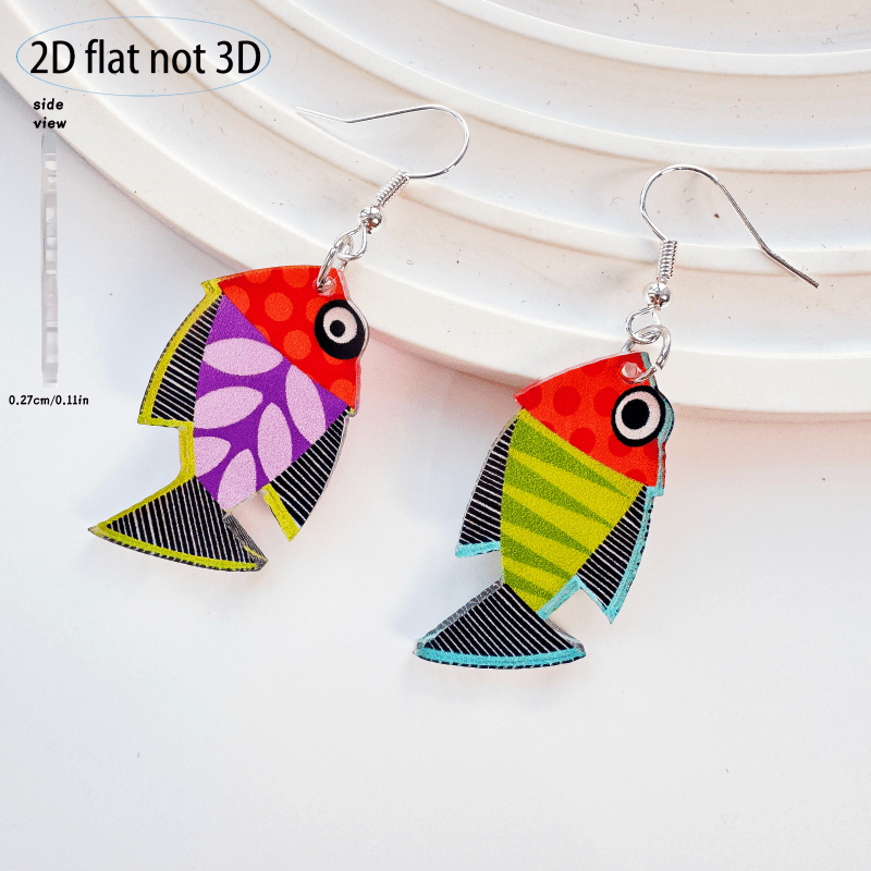 Image of 2d Flat Asymmetrical Artistic Splicing Style Fish Shaped Acrylic Earrings | Cute And Colorful Patterns, Ideal For Daily Wear Or, Vintage And Cartoon Style