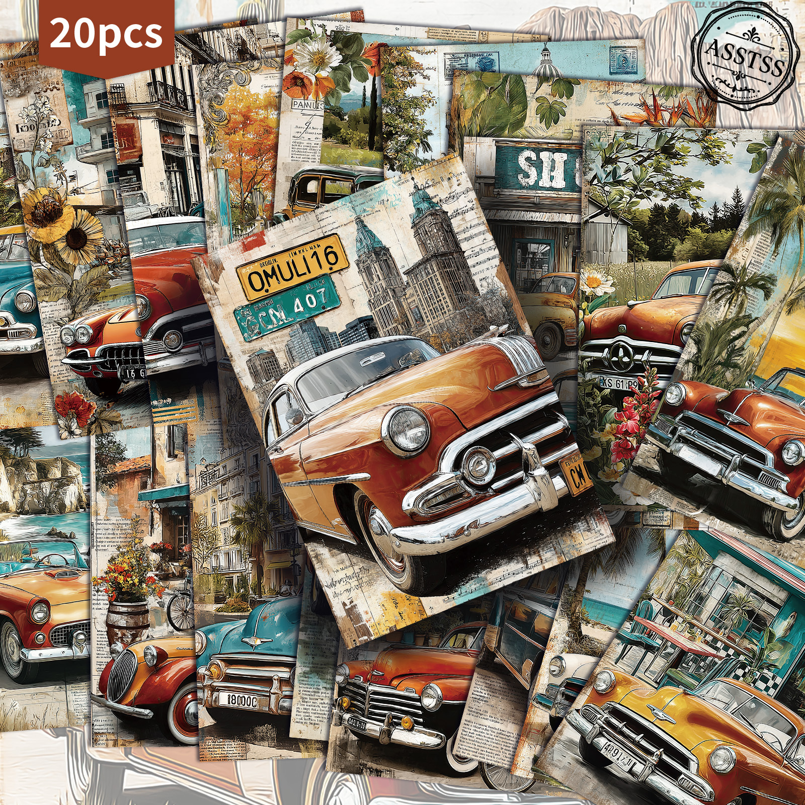 TEMU 20-pack Asstss Vintage Classic Car Postcards - 4x6 Inches Retro Junk Journal Supplies, Classic Pinup Illustrations Collectible Decorative