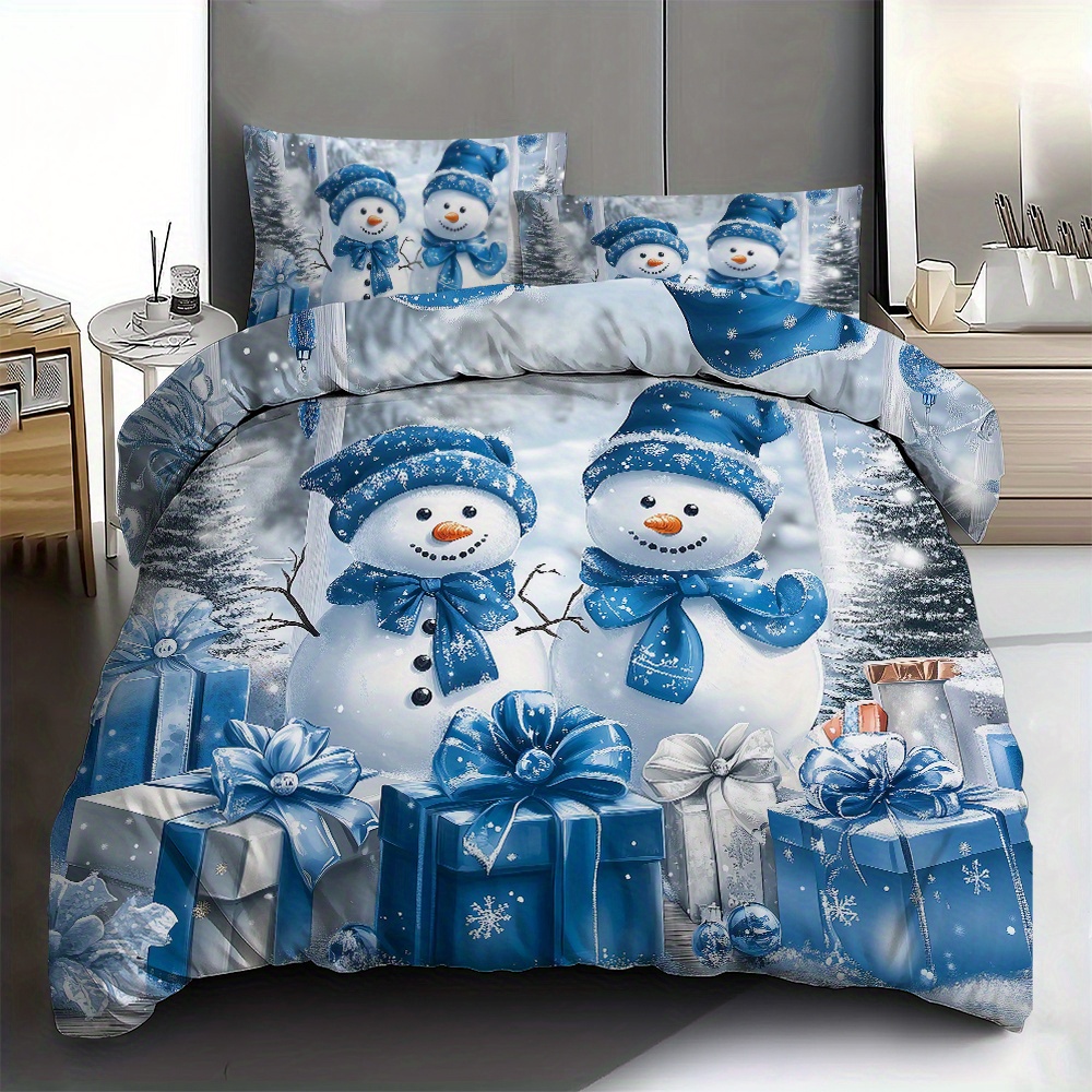 

3pcs Christmas Bedding Set - Snowman & Lights Design, Soft Polyester Duvet Cover And Pillowcases (no Insert), Holiday Decor In Bedroom Or