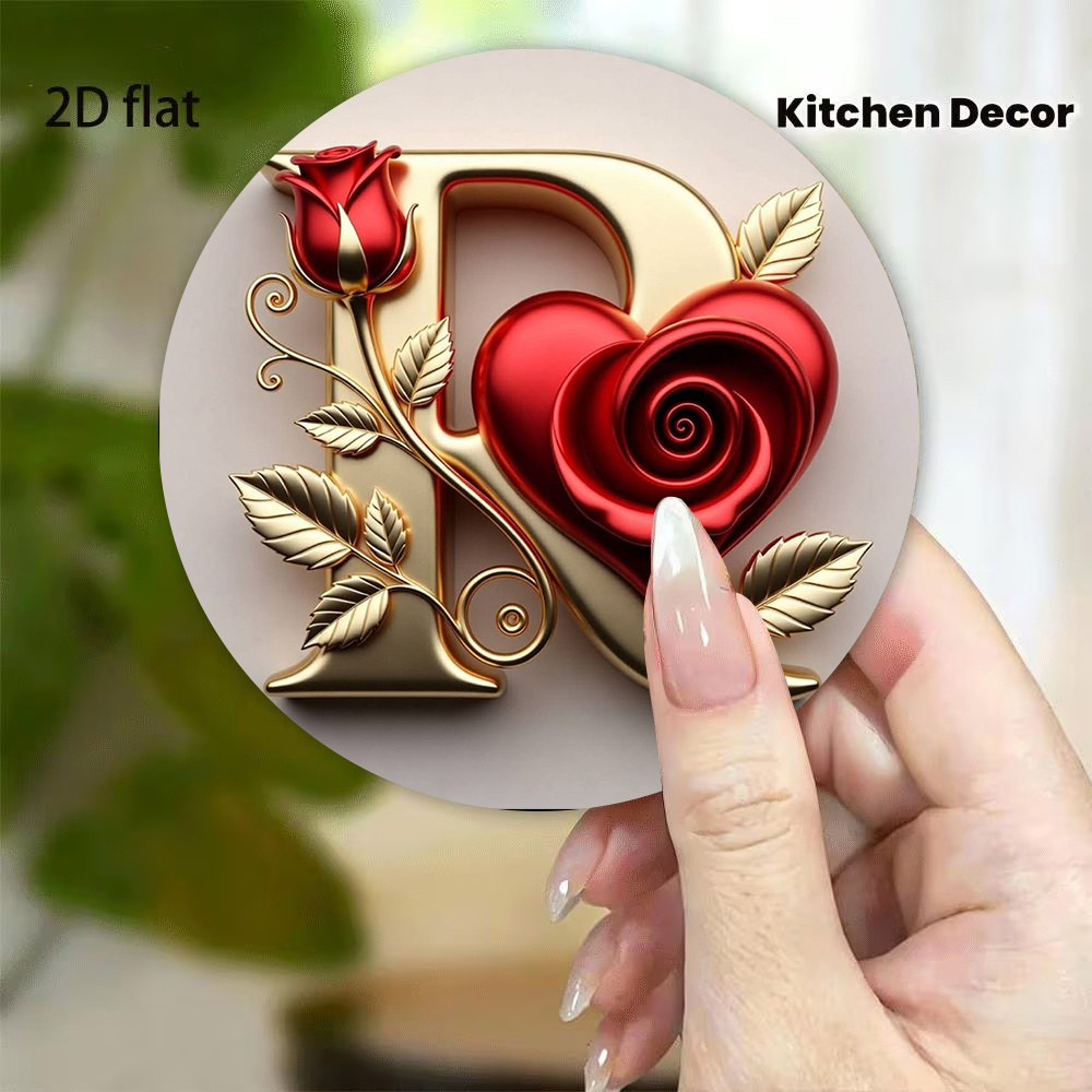 TEMU 1pc, 2d Flat Printing Golden Letter D Fridge Magnet 3.15 Inches Heart Rose Flower Shaped Acrylic Home Decor Sticker Valentine's Day Gift Room