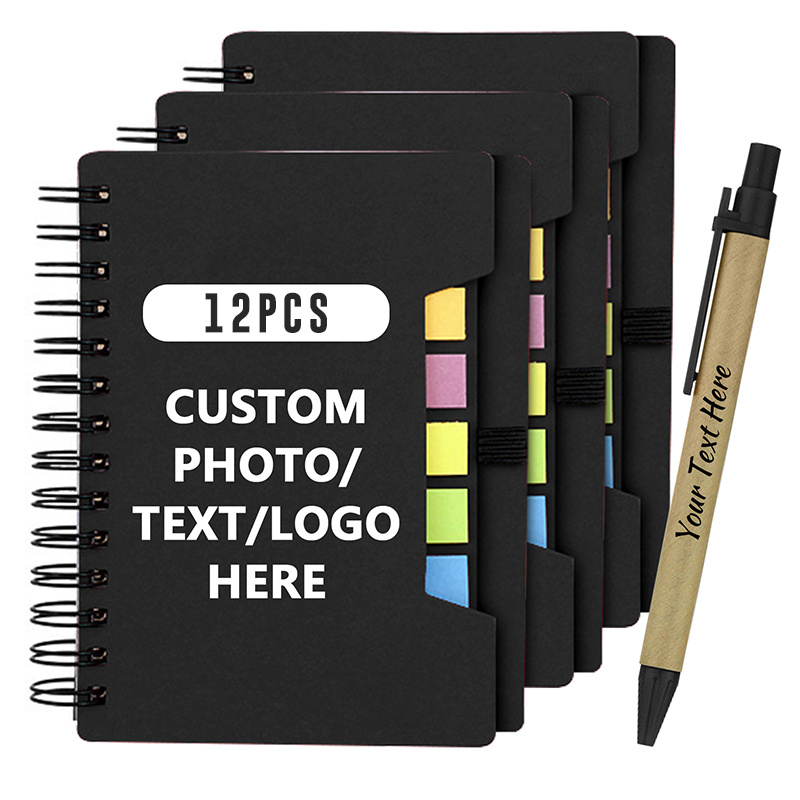 TEMU 6/12pcs Cahier à spirale personnalisé avec logo//image, couverture , pour notes rapides, stylo intégré, post-it, marque-pages avec drapeaux