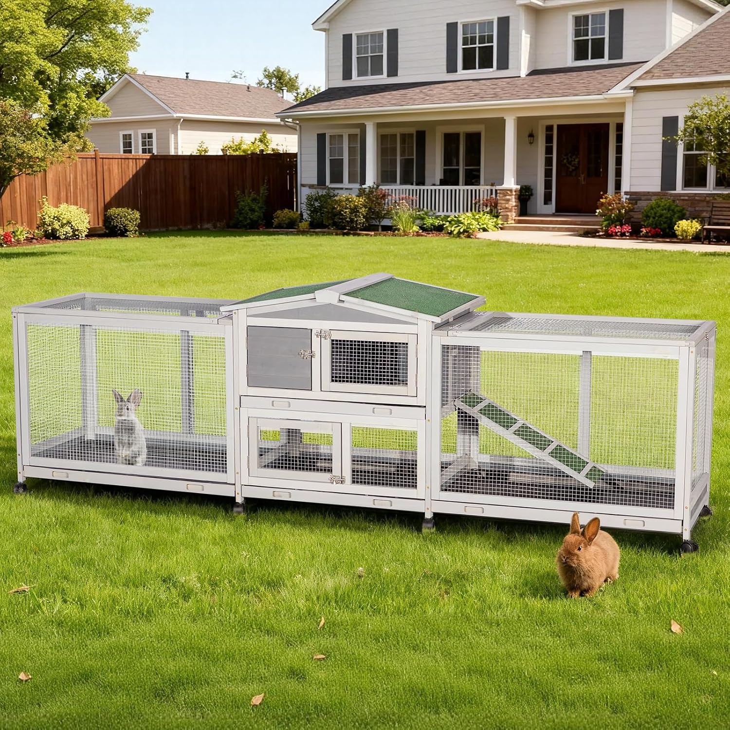 Image of 8ft Rabbit Hutch With Wheels, Large Wooden Bunny House For 3-4 Rabbits, Indoor & Outdoor Pet Cage, Without Battery