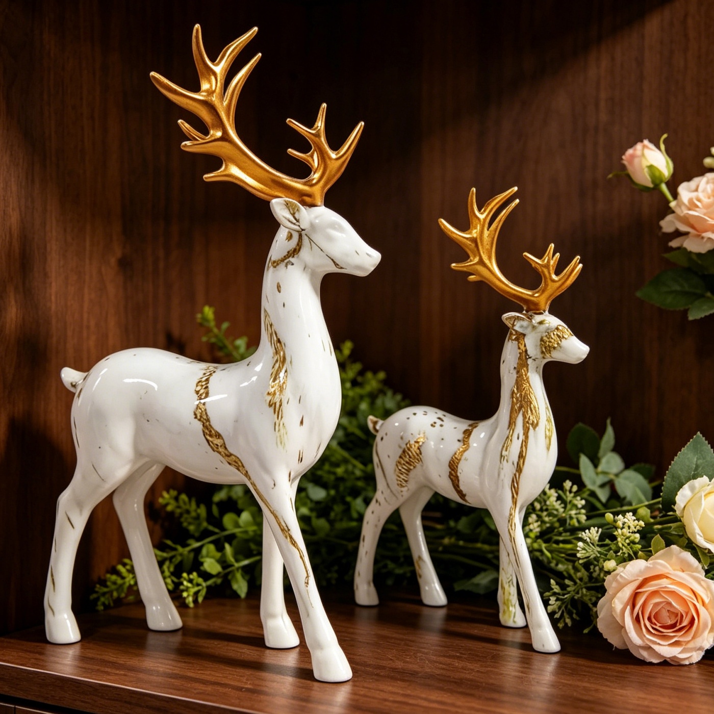 TEMU 2pcs Golden-horned Reindeer Ornament Set Suitable For / Use, Elegant Resin Reindeer Decor With Antlers & Horns - Christmas Wedding Housewarming