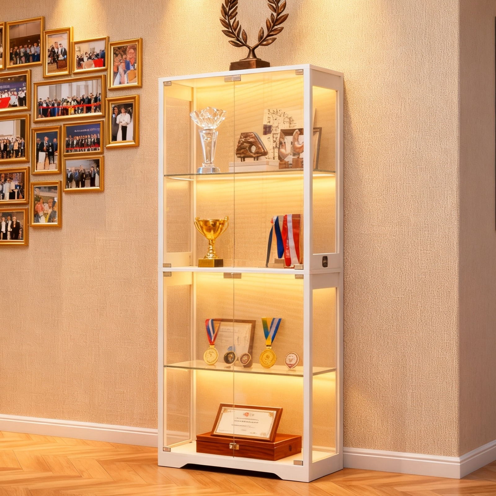 TEMU de bureau transparente, vitrine à 4 niveaux à double porte en verre avec LED 3 couleurs et de rangement de bureau avec détecteur de mouvement,