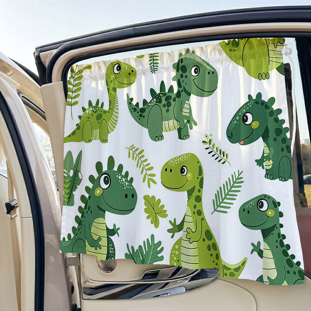 TEMU 1pc Car Sunshade, Cartoon Dinosaur And Green Leaf Print Adjustable Car Sun Shade, Suction Cup Car Window Side Curtain, Summer Sun Protection And