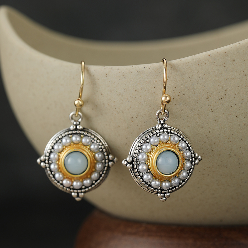 TEMU Boucles d'oreilles longues de style avec motif de disque contrasté vintage, adaptées aux réunions, au thé de l'après-midi, aux de loisirs,