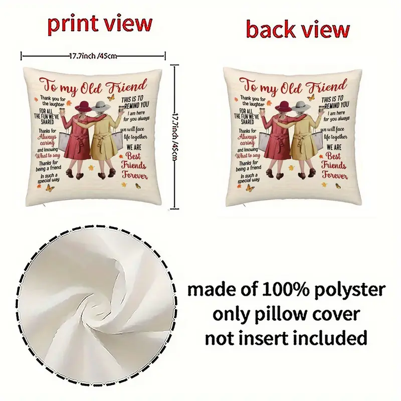 1pc best friend gift throw pillow cover double sided printed 18x18 inch polyester cushion cover with friendship quotes design zipper closure machine washable for bedroom sofa living room car decor Product details 0