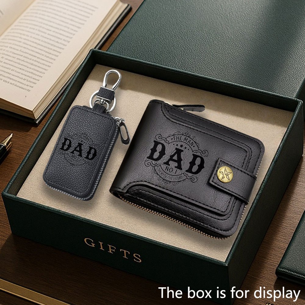 TEMU 2pcs Wallet And Keychain Set With Dad Print, Fashionable Business Wallet + Keychain, Stylish Travel Accessory Set For Men And Women, Ideal Gift