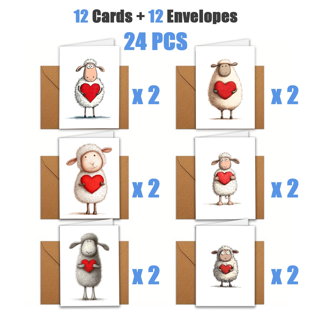 TEMU 1 set/12 stuks/24 stuks Schaap, Rood Hart, Wenskaart | Inclusief , Wenskaart | Perfect voor Verjaardagen, Vieringen en Bedankjes; Ideaal Cadeau
