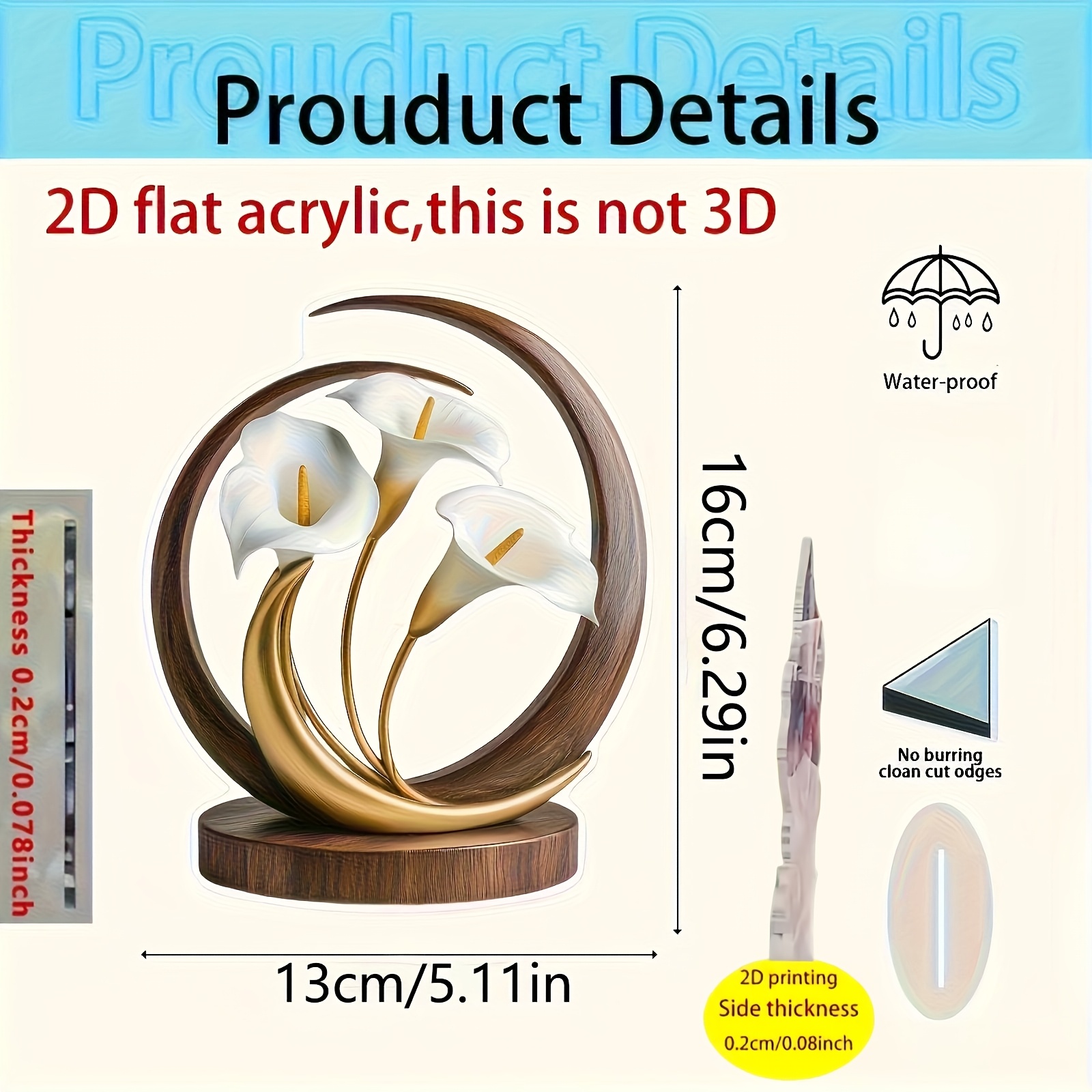 TEMU Décoration de Table Acrylique Florale 2D Plat, 2D Plan Plat, 2D Moderne - Élégant avec Accents Dorés, Centre de Table pour Salon, Mariage, Fête,