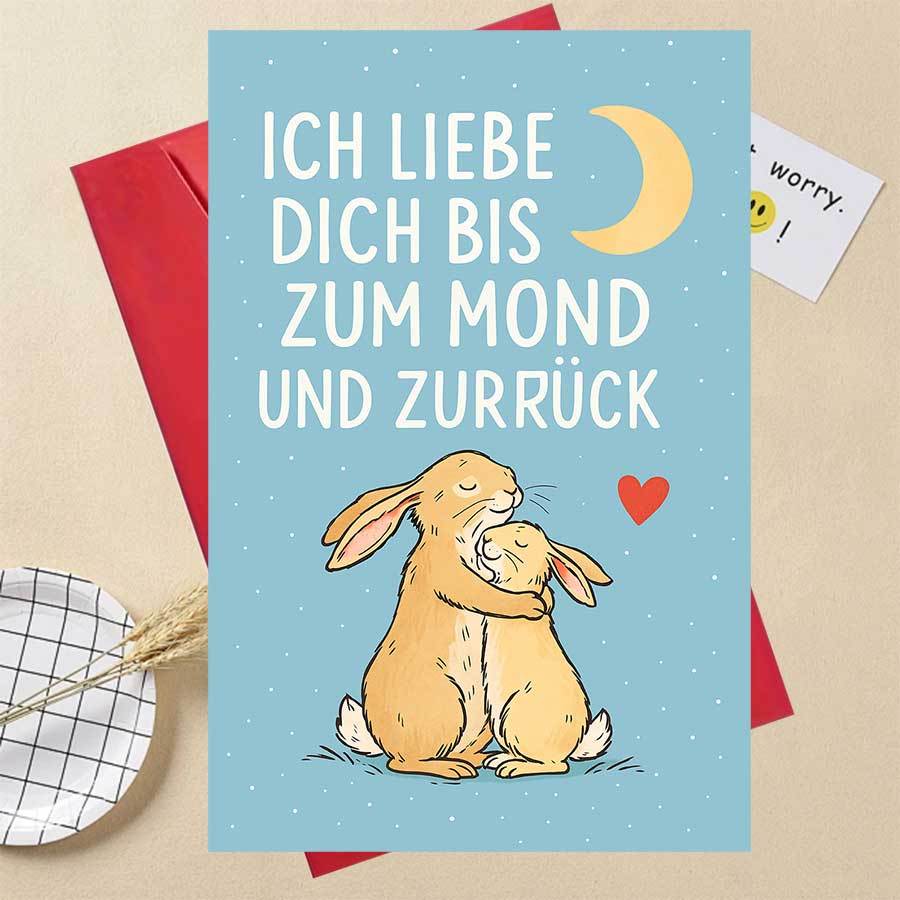 E-shop Romantische Liebesgrußkarte mit sich umarmenden Hasen unter dem Mond, für Jahrestage von Paaren, Valentinstag oder herzliche
