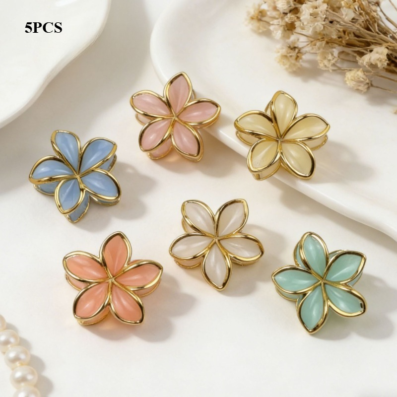 TEMU Ladies' 5pcs Jacaranda Flower Hair Claw Clips, Elegant Golden-framed Assorted Sizes, Floral Hair Accessories, Suitable For Daily Hairstyling And