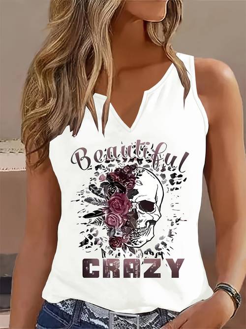 fashionable womens sleeveless tank top with a design featuring a unique skull and rose print casual wear with a v neck