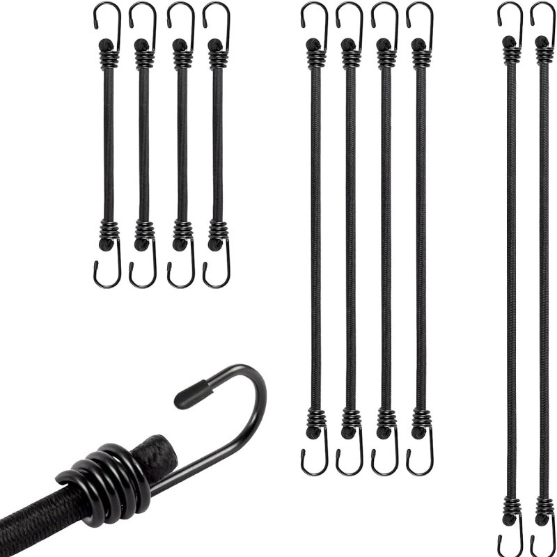 

10-pack Black Rubber Bungee Cords With Hooks, Adjustable Stretch Straps For Tying Down Cargo, Luggage, Tarps - 30/60/100cm Tightening Straps