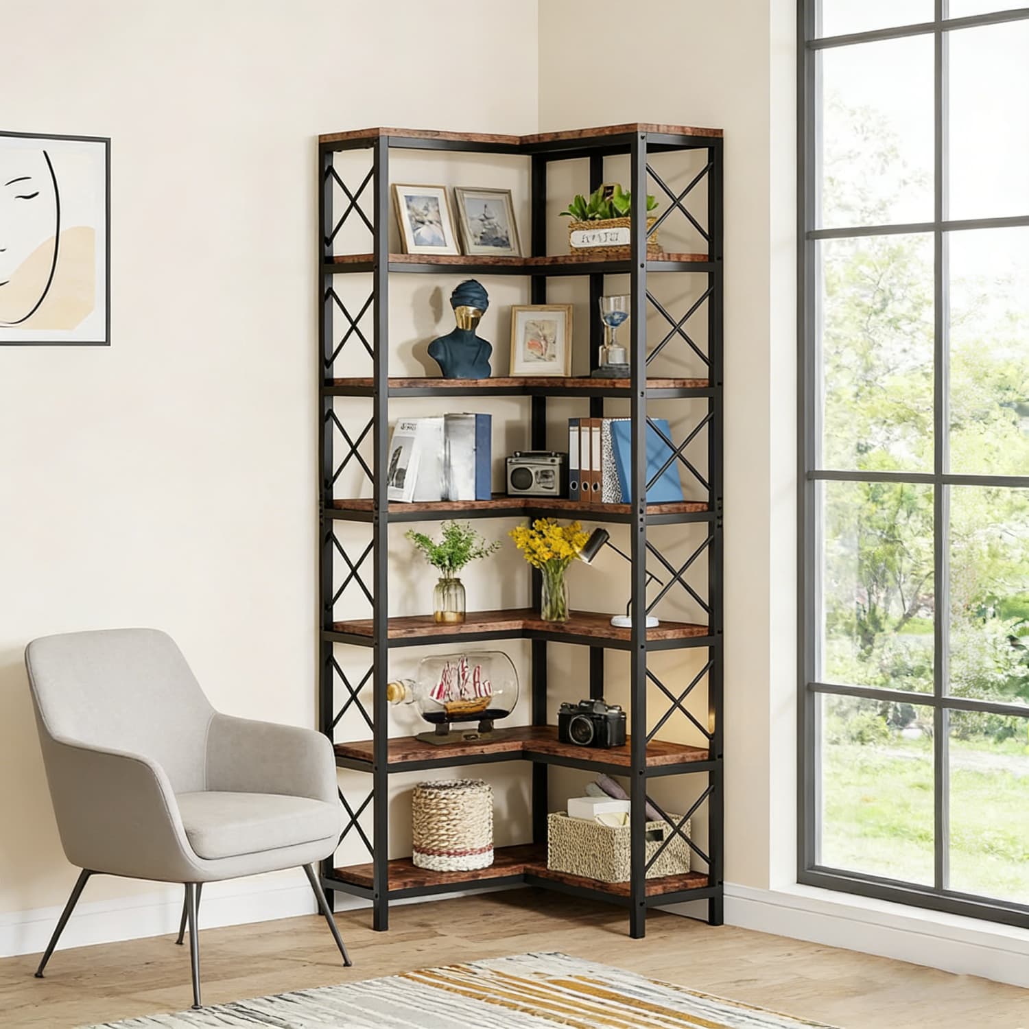 E-shop 7-stufiges hohes Eckregal Aufbewahrungs- Ausstellungsregal – Rustikales braunes industrielles Eck-Bücherregal für Wohnzimmer, Heimbüro, stabile