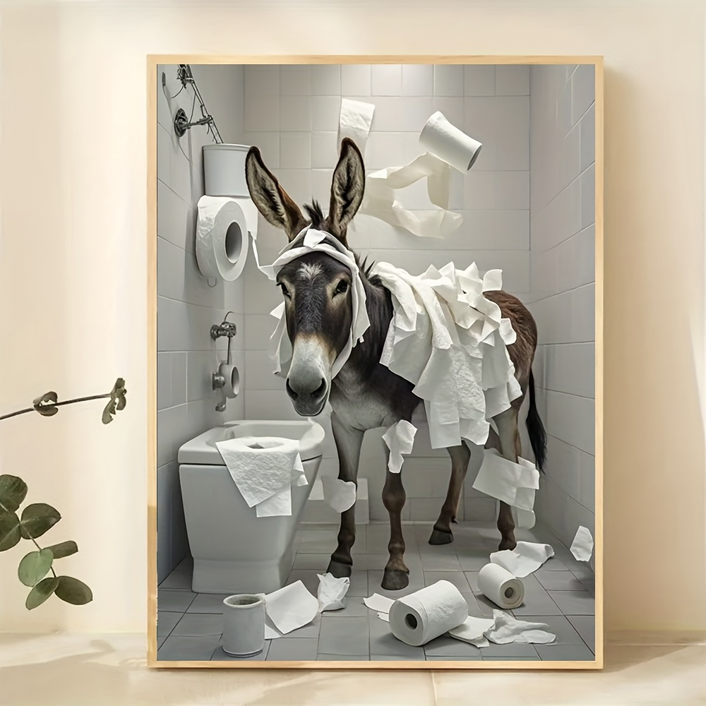 TEMU 2d Flat Humorous Donkey Bathroom Wall Art - 12x16 Inch High-definition Waterproof Canvas Poster, Frameless, Perfect Gift For , Minimalist Retro