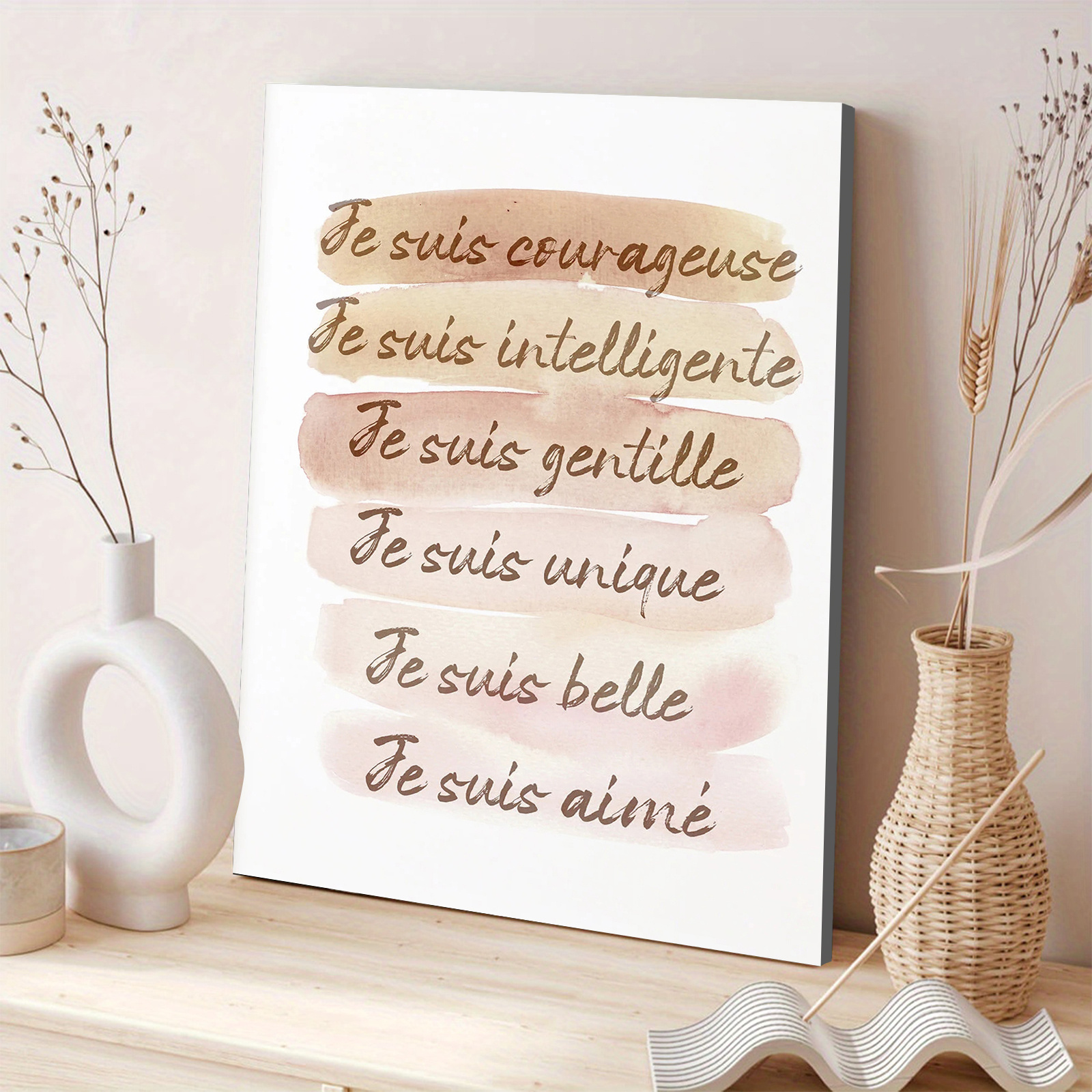 TEMU décoratif en bois enveloppé, plat 2D, [2D Plat] 1pc, Affirmations positives encadrées, Bohème française, Chambre de bébé, Art mural inspirant,