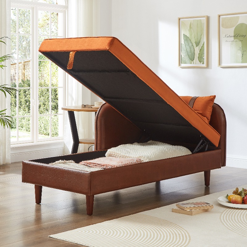 65-Inch Storage Chaise Lounge Sofa in Brown PU And Orange Velvet