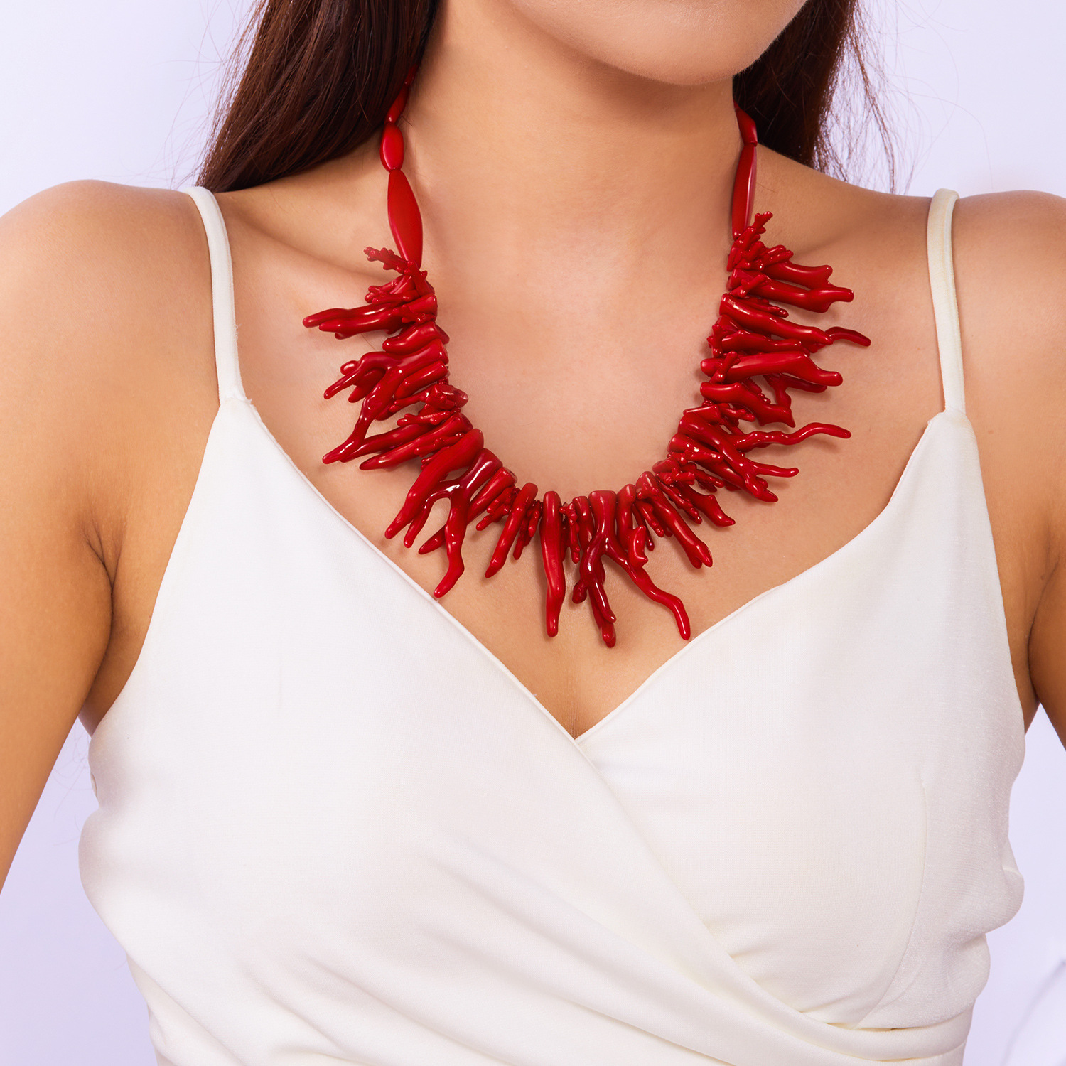 2pcs Red Coral Irregular Geometric Oval Bamboo Body Necklace
