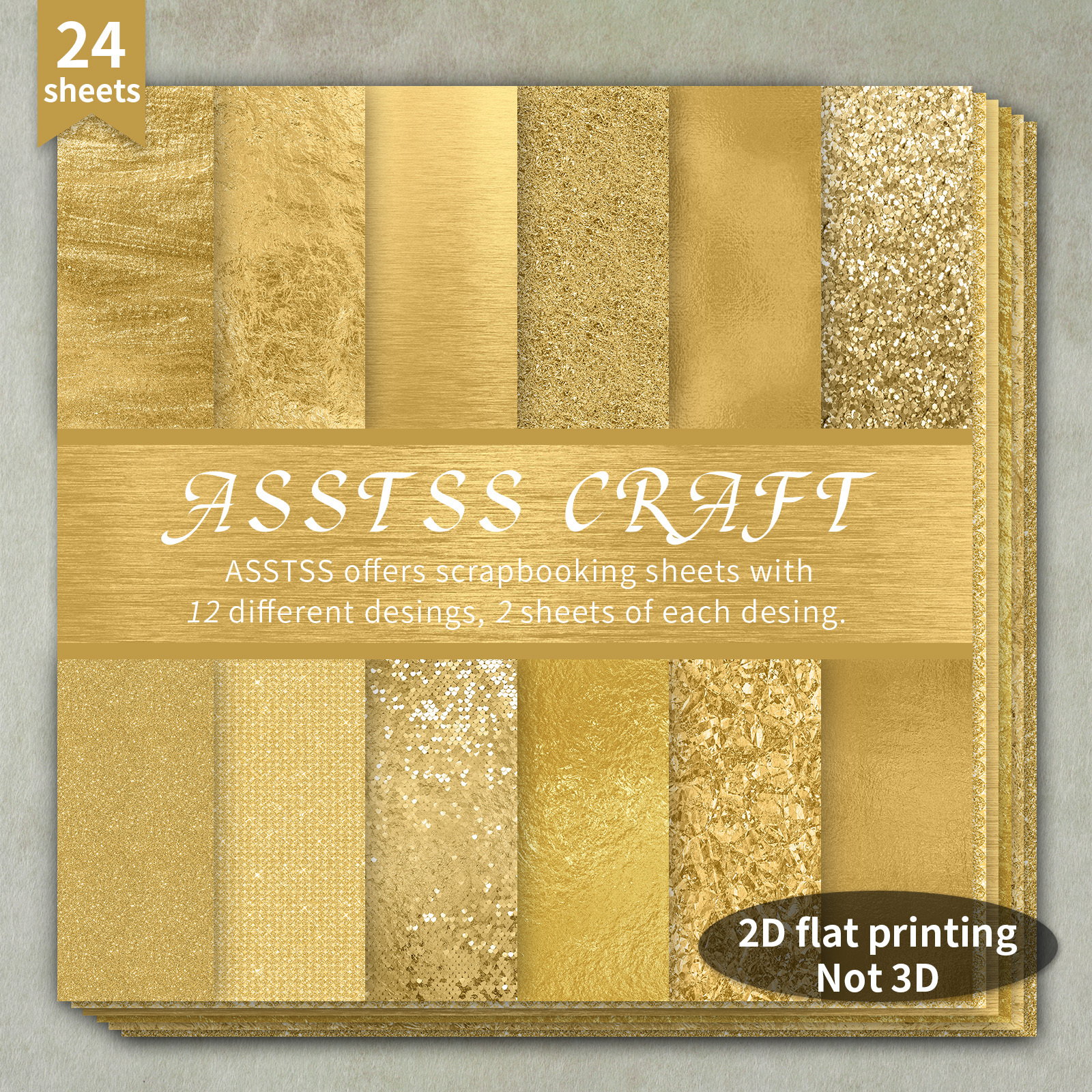 TEMU 24-sheet Asstss 6x6 Inch Scrapbooking Paper Pad, Plane/2d Flat Golden Metallic Glitter Texture Backing Paper Supplies, Heavyweight Cardstock For