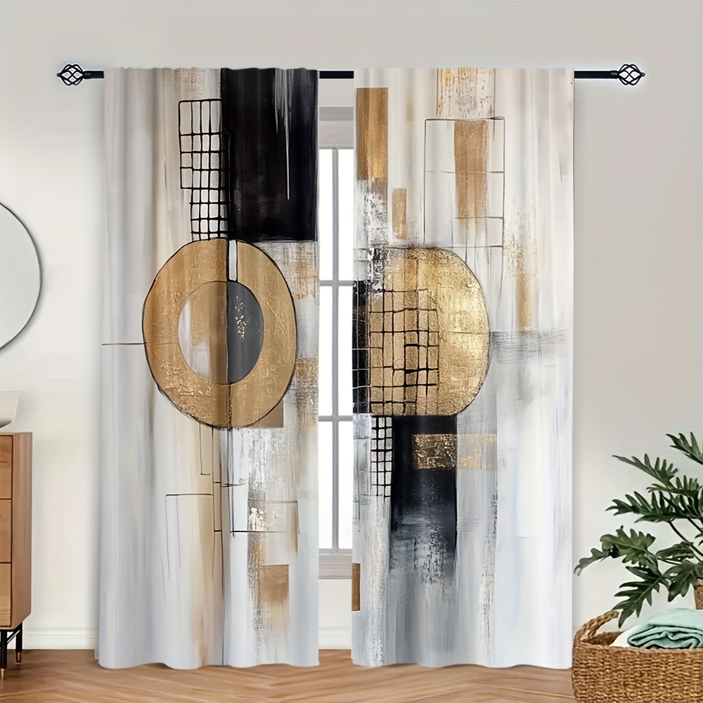 photo de l'article 2pcs, rideaux tendance toutes  ,   crème mat, beige doré, noir, aquarelle, géométriques et abstraits, 100% polyester, parfaits pour la décoration essentielle de chambre, bureau, cuisine, salon, bureau - fenêtre   avec des couleurs et   vifs