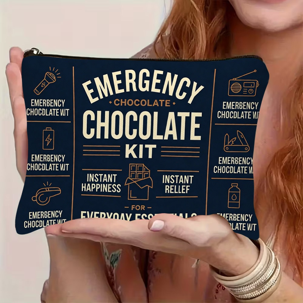 TEMU 1pc 2d Flat Print Kit Cosmetic Bag, Retro Navy Brown Orange Text & Tool Icons, Durable Polyester Double-sided Makeup Pouch, Storing Toiletries &