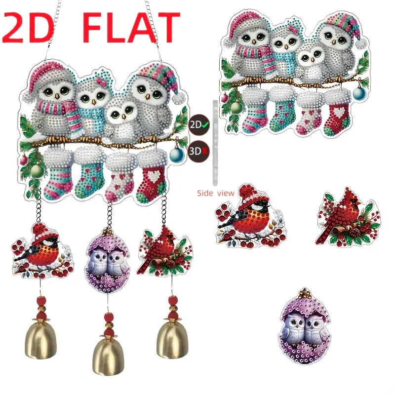 TEMU 1 Set Diy Christmas Bird Wearing Floral Dress Pendant Gift With Wind Chimes Painting Assembly Handicraft, Designed With Irregular Crystal Inlaid