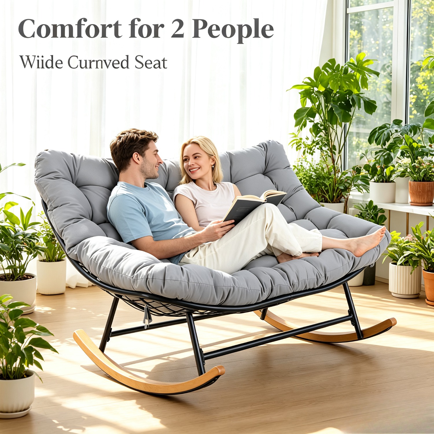 Image of 2-seater Heavy-duty Rocking Chair With Thick Cushion - Outdoor/indoor Rocker Suitable For Backyard,,, Balcony - Heavy-duty Frame & Painted, Capacity For And