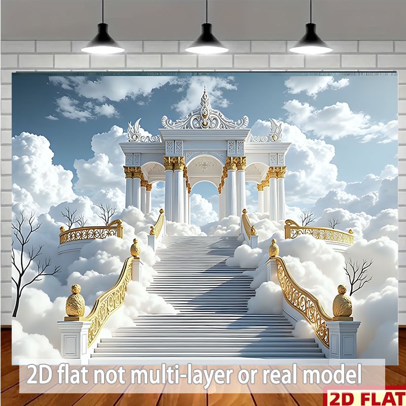 TEMU 2d Flat, 1pc 2d Flat Banner With Multi- Background Cloth, Staircase With Golden Railings Leads To A White, Ornate Building Amidst Clouds.