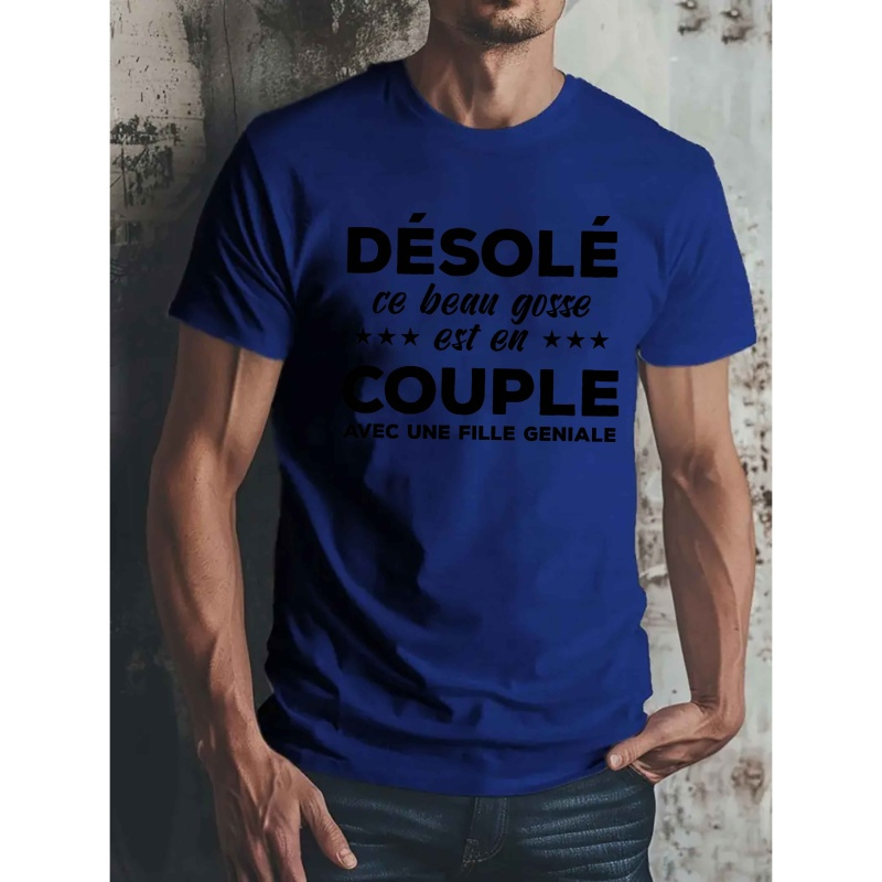 

T-shirt pour homme avec slogan humoristique en français - Col rond décontracté, tissu tricoté en polyester avec légère extensibilité, motif géométrique, coupe régulière pour adultes - Haut d'été